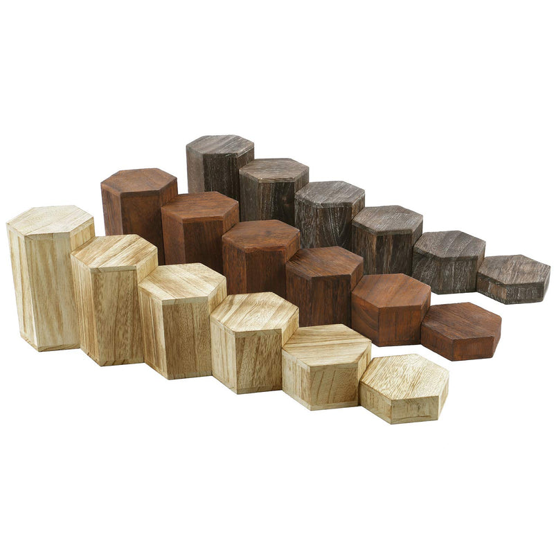 NewNest Australia - Mooca Wooden 6 Pcs Hexagon Risers for Display Jewelry and Accessories Display Stand, Wooden Display Risers, Wood Jewelry Risers Wood Figurine Display Risers, Brown 