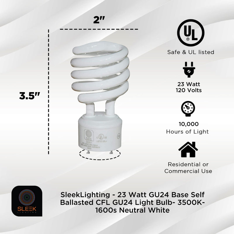 SLEEKLIGHTING - GU24 23Watt 2700K 1600lm 2 Prong Light Bulbs- UL approved-120v 60Hz - Mini Twist Lock Spiral -Self Ballasted CFL Fluorescent Bulbs- 1600lm Warm White 4 Pack (100 Watt Equ) (3500K) - NewNest Australia