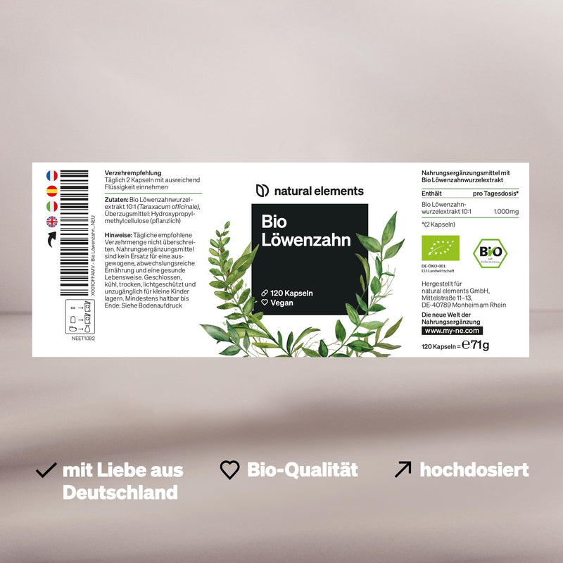 Organic Dandelion - 120 Capsules - 1000Mg Dandelion Root Extract/2 Capsules - High Dose 10:1 Ratio - Vegan, Highly Bioavailable, Without Unnecessary Additives - Produced In Germany & Laboratory Tested - NewNest Australia