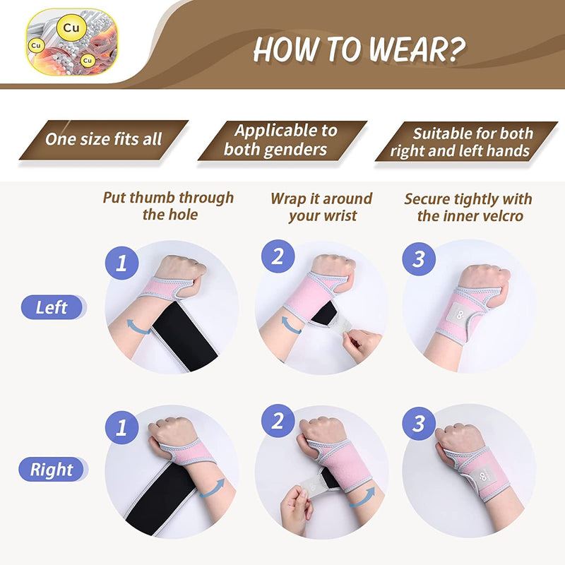 INDEEMAX Copper Carpal Tunnel Wrist Brace 2 Pack, Adjustable Wrist Support Braces for Pain Relief, Arthritis, Tendonitis, Men and Women Compression Wraps Straps for Right and Left Hand Bands Pink - NewNest Australia