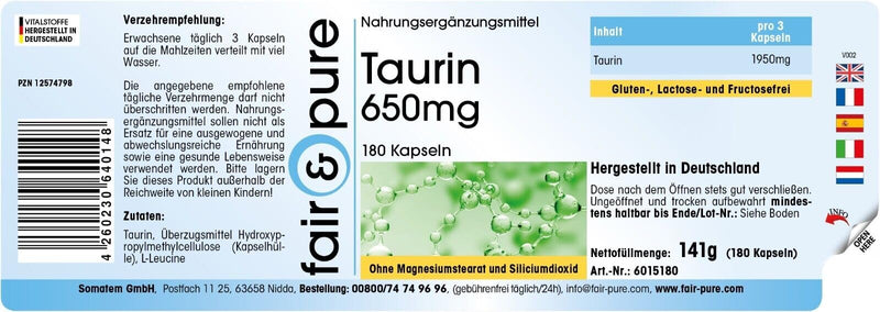 Fair & Pure® - Taurine capsules 650mg - vegan - without magnesium stearate - 180 capsules - NewNest Australia