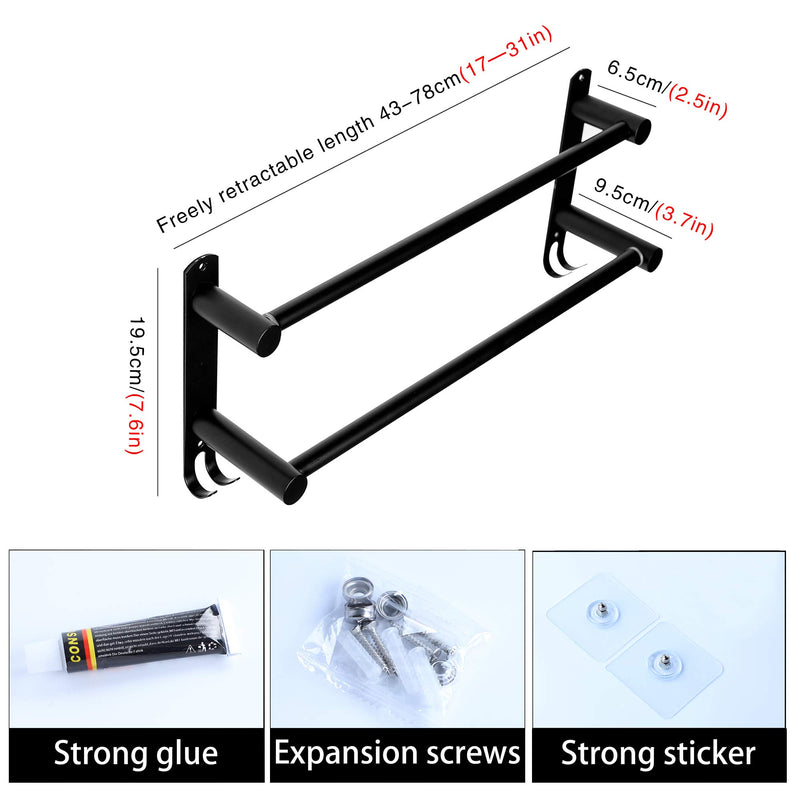 Towel Bar Adjustable Towel Rack with Wall-Mounted Retractable Stainless Steel Towel Rack Saving Space in Kitchen Bathroom and Toilet (2bar Towel Rack Black) 2bar towel rack black - NewNest Australia