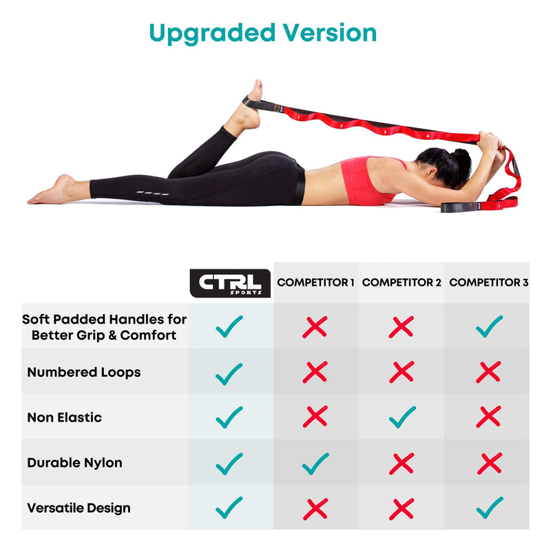 Stretching Strap with Loops for Physical Therapy, Yoga, Exercise and Flexibility - Non Elastic Fitness Stretch Band + Exercise Instructions & Carry Bag by CTRL Sports 10 Loops - Red - NewNest Australia
