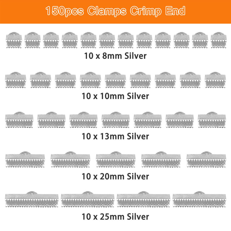 150pcs Pinch Crimp Ends for Jewelry Making,Ribbon Clamp End Leather Crimp Ends Bracelet Clamps Crimp Ends Bookmark Fastener Clasps for DIY Choker Anklets Crafts (Silver,5 Sizes) silver - NewNest Australia