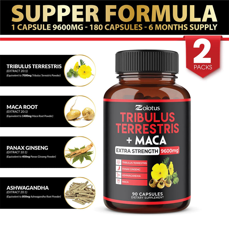 2 Packs Premium Tribulus Terrestris + Maca, 9600mg Per Capsule, 6 Months Supply, Highest Potency with Ashwagndha, Panax Ginseng, Boost Energy, Mood, Stamina & Performance, for Men & Women - NewNest Australia