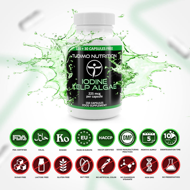 Iodine Kelp Algae Extract Capsules 225 mcg - 150 pieces (5 month supply) of quick-dissolving iodine tablets, each with 225 mcg of high-dose iodine supplement extract powder 150 pieces (pack of 1) - NewNest Australia