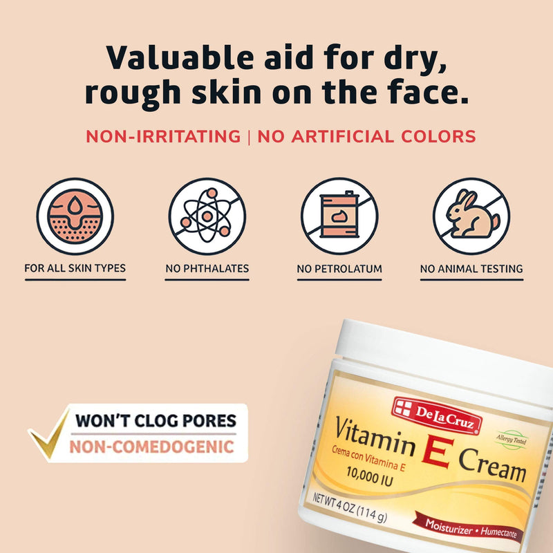 De La Cruz Vitamin E Cream Moisturizer for Face and Neck - Moisturizing Anti-Aging Skin Care for All Skin Types - Made in USA, 4 OZ. 1 Pack - NewNest Australia