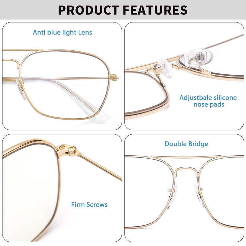 JM Aviator Blue Light Blocking Computer Glasses, Space Eye Protection Video Eyeglasses Anti Glare Women Men Gold Frame Clear Temple Tips - NewNest Australia