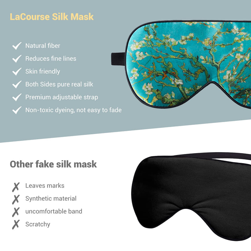 LaCourse 100% Natural Mulberry Silk Eye Mask for Sleeping with a Travel Pouch, Both Sides 19 Momme Organic Silk, Adjustable Silk Sleep Eye Mask for Women, Green-Floral Green Floral - NewNest Australia