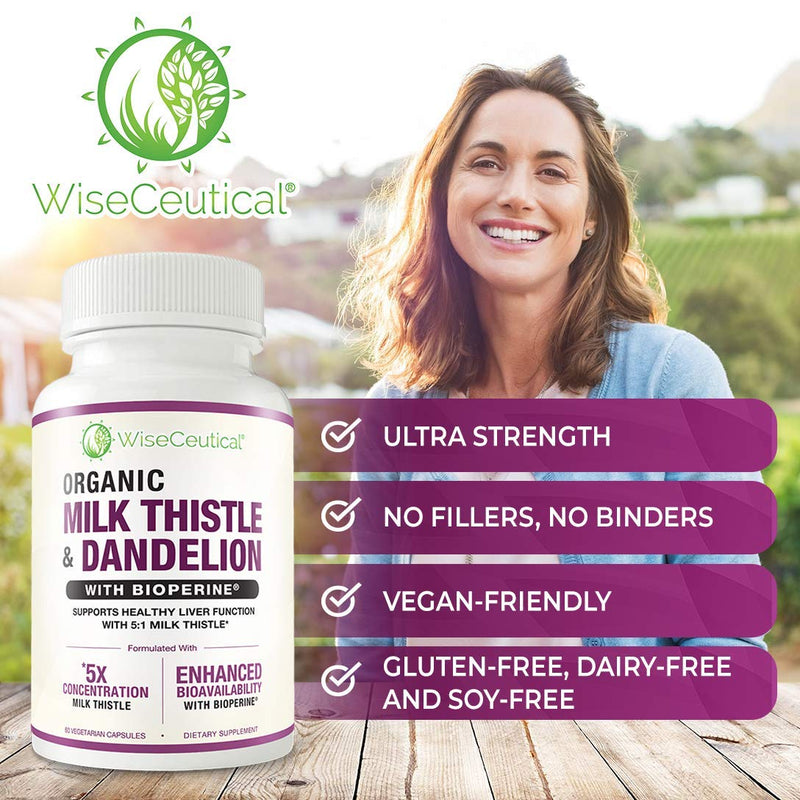 Max Absorption Organic Milk Thistle (Strongest 5:1 Concentrated Extract) & Organic Dandelion Root with BioPerine | Healthy Liver Support Detox Cleanse. 60 Veggie Capsules. - NewNest Australia