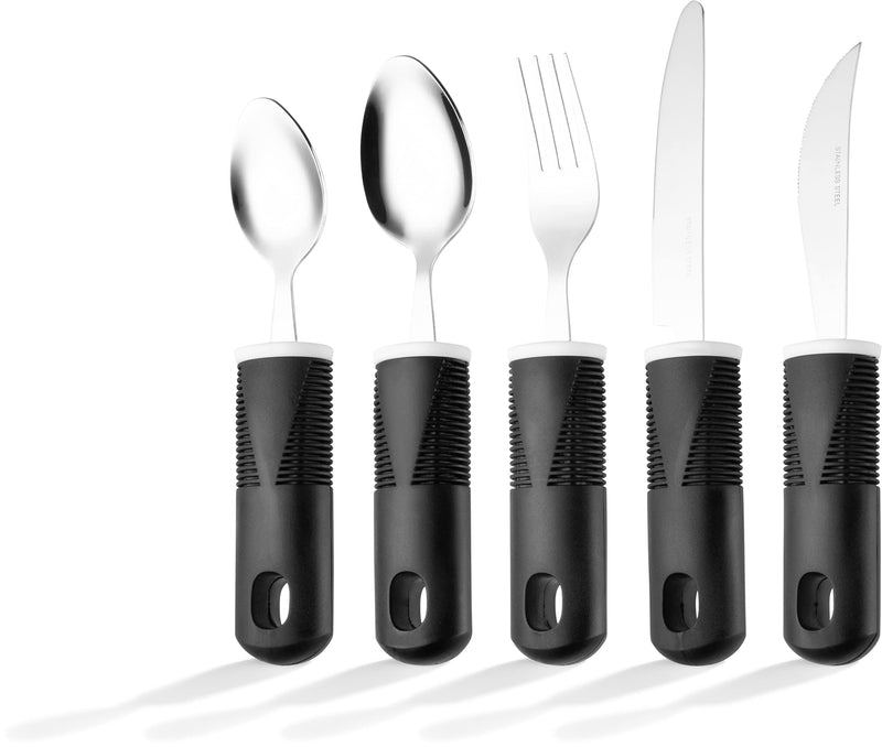 Special Supplies Adaptive Utensils (5-Piece Kitchen Set) Wide, Non-Weighted, Non-Slip Handles for Hand Tremors, Arthritis, Parkinson’s or Elderly use - Stainless Steel Knives, Fork, Spoons - Black - NewNest Australia