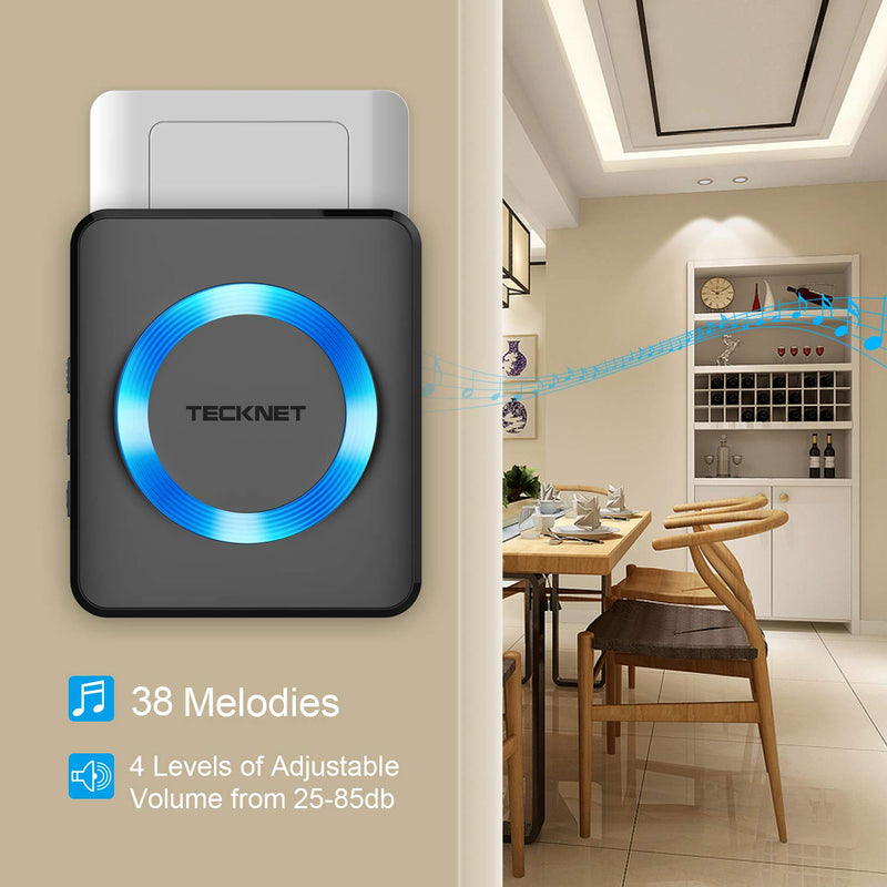 TECKNET Wireless Doorbell for Home, Classroom Doorbell Plug-in Cordless Door Chime Kit With 1300ft Range, 38 Chimes, 4 Level Volume, No Batteries Required for Receiver(1-2, Black) 1 Receivers + 1 Button - NewNest Australia