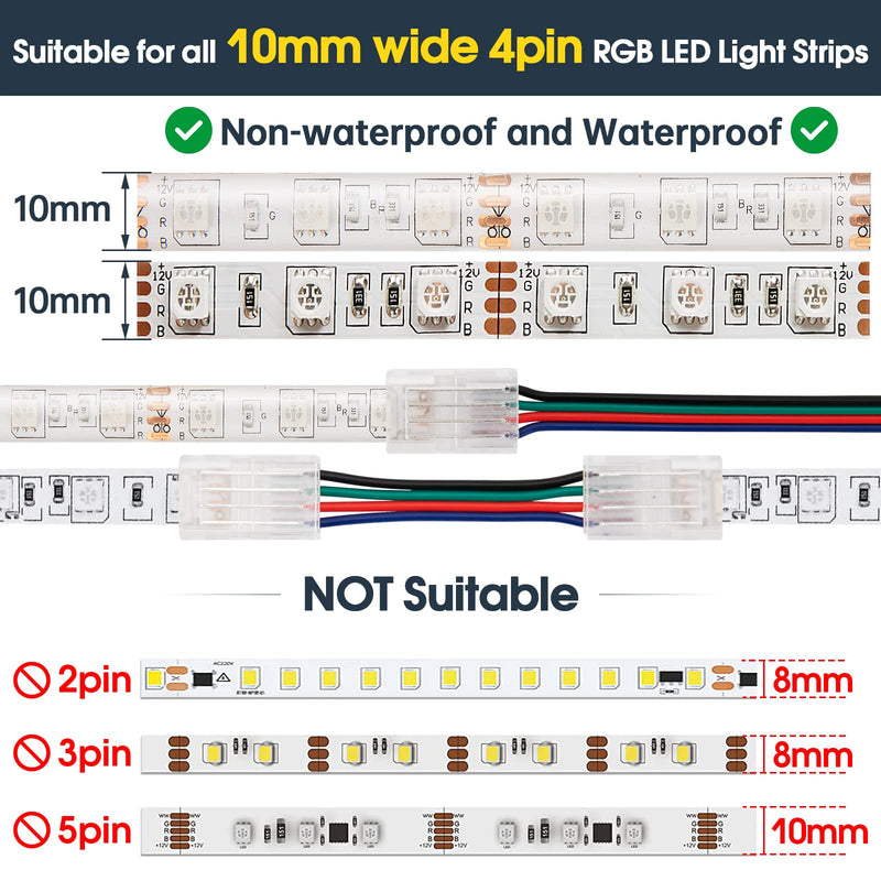 GXILEE Led Light Connectors, 4 Pin Led Connectors for 10mm Waterproof or Non-Waterproof 5050 RGB Strip 10 Pack, Strip to Wire Connection Without Stripping, Include 16.4ft 22 Gauge Led Extension Cable - NewNest Australia