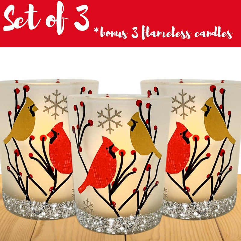 NewNest Australia - BANBERRY DESIGNS Cardinal Votive Holders - Set of 3 Frosted Glass Candle Holders - Cardinal Birds in a Winter Scene with Berries - 3 Flameless Tealight Candles Included 