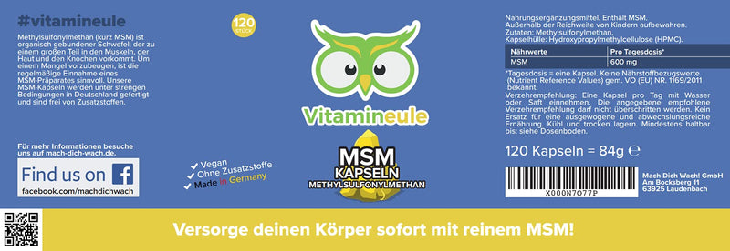 MSM capsules - high dosage - 600mg methylsulfonylmethane - vegan - laboratory tested - quality from Germany - organic sulfur - methylsulfonylmethane without additives - Vitamineule® - NewNest Australia