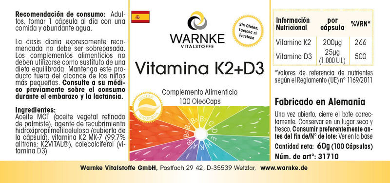 Vitamin K2 + D3 200µg / 1000 IU - 100 OleoCaps capsules from our own production - Original K2VITAL® 99.7% all-trans K2 MK-7 - German pharmacy quality - high dosage | Warnke vital substances - NewNest Australia