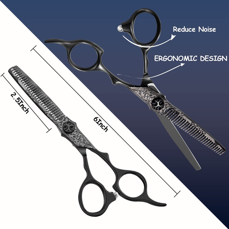 PURPLEBIRD Hair Scissors Hairdressing Scissors 6 Inch Thinning Scissors Sharp Hair Cutting Scissors Japanese 440C Stainless Steel for Men and Women Hair Cutting Scissors with Printed Damascus Stripe - Black - NewNest Australia