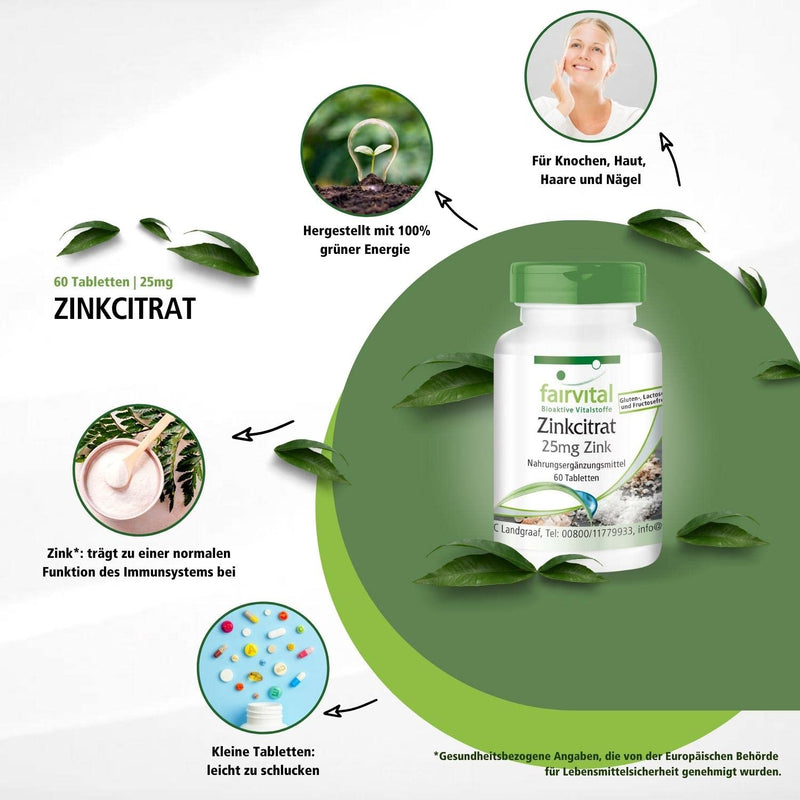 Fairvital | Zinc tablets - 25mg zinc (elemental content) per tablet - made from zinc citrate - HIGH DOSE - VEGAN - 60 tablets - NewNest Australia