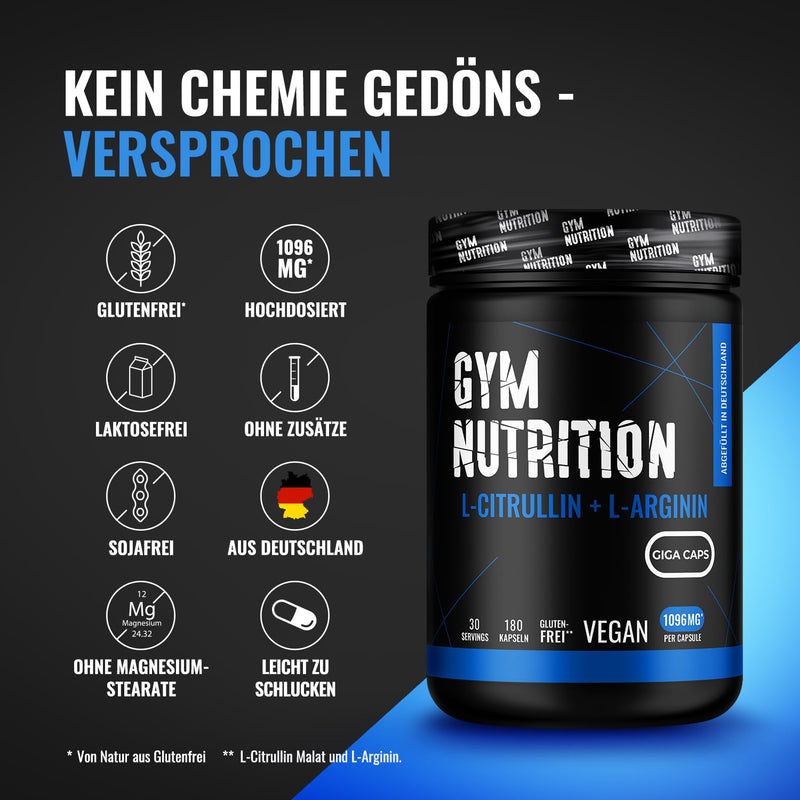 L-Arginine + L-Citrulline - 180 capsules - High dose 1096 mg per capsule - Citrulline + Arginine Base - GIGA CAPS - Premium amino acid vegan - - NewNest Australia