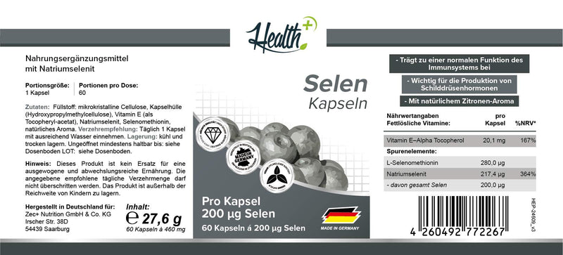 Health+ Selenium - 60 capsules with 200 mcg, essential trace element for maintaining normal hair and nails, with sodium selenite & L-selenomethionine, Made in Germany - NewNest Australia