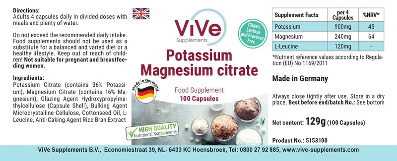 Potassium magnesium citrate - 100 vegan capsules - essential minerals - highly bioavailable - safe dosage | Quality from Germany from ViVe Supplements - NewNest Australia
