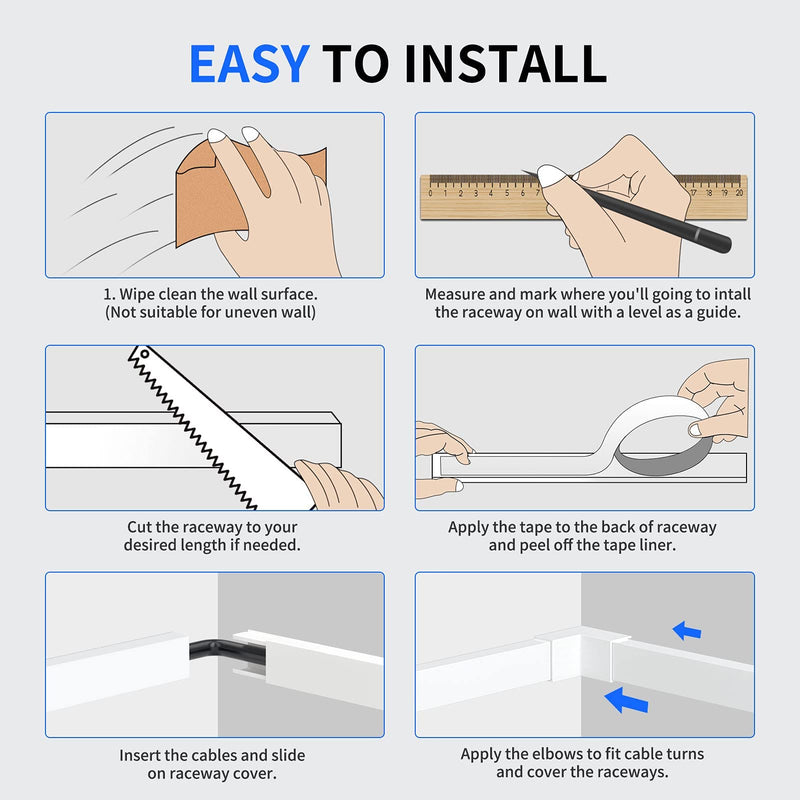 One-Cord Channel Cord Hider Wall, Delamu 157in Cable Cover, Cable Concealer Raceway, Cable Hider, Paintable Wire Covers for Wall Mounted TV, Cable Management System, 10xL15.7 W0.59 H0.4in, CC03 White Small - NewNest Australia