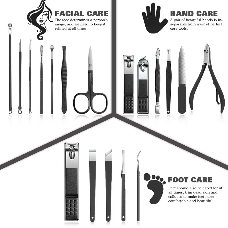 Manicure Set Nail Clippers Kit For Women&men 18 in 1 Professional Stainless Steel Pedicure Care Tools Kit Nail Cutter Set Scissors Grooming Kit With Black Leather Travel Zip Case(Black White) Black White-18Pcs - NewNest Australia