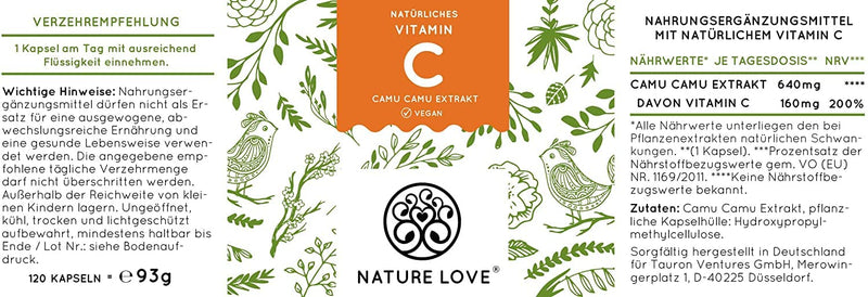 Nature Love Camu Camu Extract Capsules, Natural Vitamin C Pack Of 120 In 4-Month Supply, 640 Mg Camu Camu Extract Per Capsule Laboratory Tested, Vegan, No Additives, Made In Germany - NewNest Australia