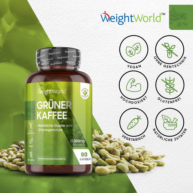 Green Coffee 21,000mg - Alternative to Green Tea & Caffeine Tablets - Green Coffee Bean Extract - 90 Coffee Powder Capsules - Superfood with Chlorogenic Acid and Caffeine - Green Coffee - WeightWorld Green Coffee Capsules - NewNest Australia