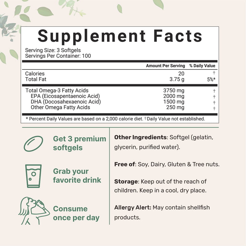 Triple Strength Omega 3 Fish Oil Supplements, Fish Oil Burpless Enteric-Coated Technology, 3750mg Per Serving, 300 Softgels, EPA 2000mg & DHA 1500mg, Deep Ocean Fish, Wild Caught from Norwegian Sea 300 Count (Pack of 1) - NewNest Australia