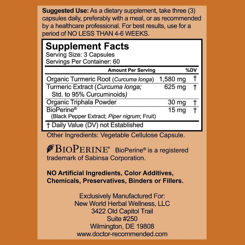 Turmeric Curcumin - 2250mg/d - Veggie Caps - 95% Curcuminoids with Black Pepper Extract (Bioperine) - 750mg Capsules - 100% Organic - Most Powerful Turmeric Supplement with Triphala (180 Count) 180 Count (Pack of 1) - NewNest Australia