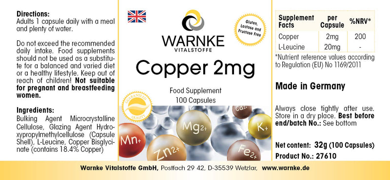Copper capsules - 2mg - vegan - 100 capsules - made from copper bisglycinate | Warnke vital substances - NewNest Australia