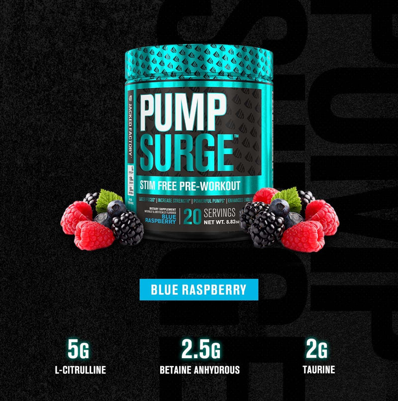 PUMPSURGE Caffeine Free Pump & Nootropic Pre Workout Supplement - Non Stimulant Preworkout Powder & Nitric Oxide Booster - 20 Servings, Blue Raspberry Flavor - NewNest Australia