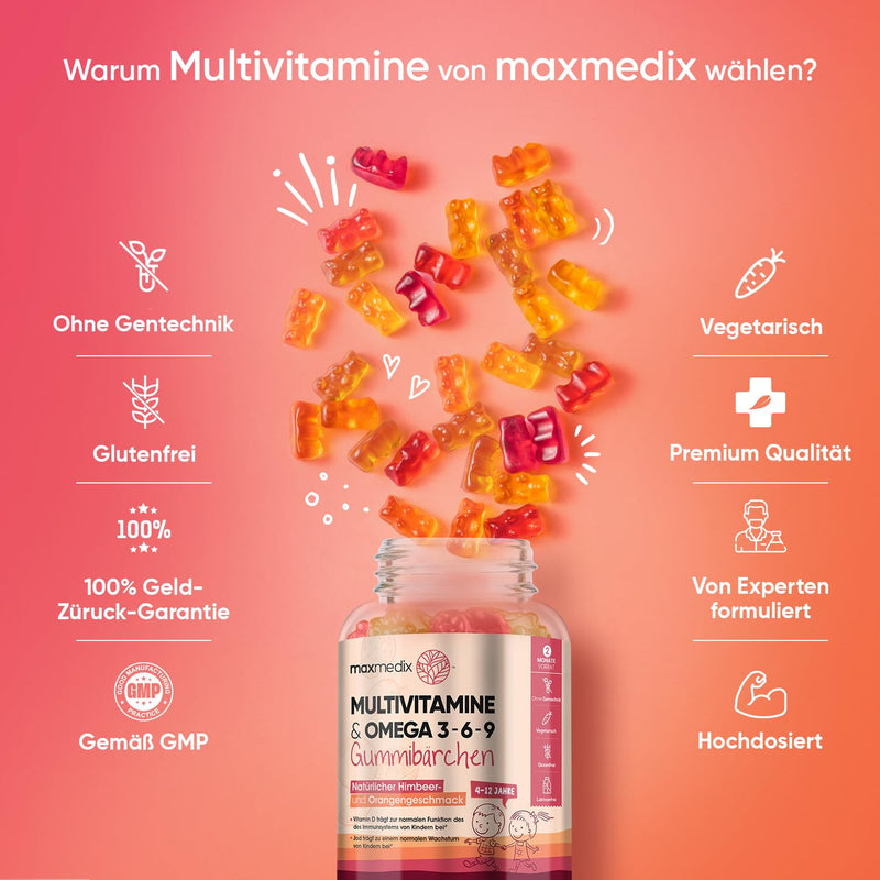Maxmedix Multivitamin Gummy Bears For Children - With Omega 3, 6, 9, Iodine & Zinc - 120 Vitamin Gummies - Vitamin C, D3, B - Vegetarian & Tested Ingredients - No Gelatin & Additives - NewNest Australia