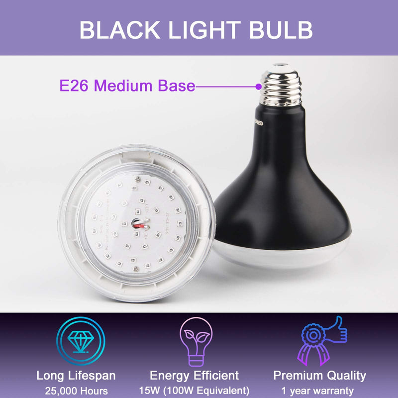 LED UV Black Light Bulbs 15W(100w Equivalent) BR30 E26 Medium Base, UVA Level, 385-410nm, Glow-in-The-Dark UV Blacklight for Body Paints, Fluorescent Posters, Wedding Party(2 Pack) - NewNest Australia