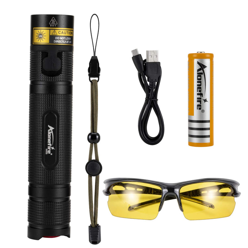 Alonefire SV005 10W LED 365nm UV Flashlight Blacklight Portable USB Rechargeable Black Light Full Metal Case Pet Urine Detector with UV Protective Glasses, 18650 Battery Included for Resin Curing - NewNest Australia