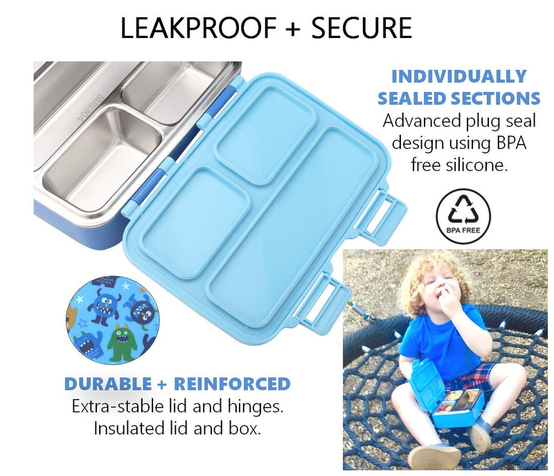 NewNest Australia - Stainless Steel Toddler Lunch Box for Daycare, Insulated Bento for Kids Toddlers Boys Baby, 3 Eco Metal Portion Sections Leakproof Lid, Pre-School Lunches Snack Container Kid Ages 3 to 7 Blue Monster Blue Monster Mini 1 