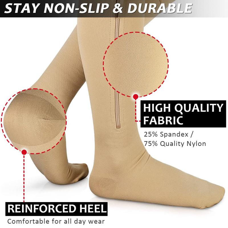 Ailaka Compression Stockings With Zipper For Women Men, 20-30 Mmhg Medical Class 2 Compression Socks Support Stockings With Zipper For Varicose Veins, Edema, Recovery, Pregnant Women X-Large (1 Pair) Bejge - NewNest Australia