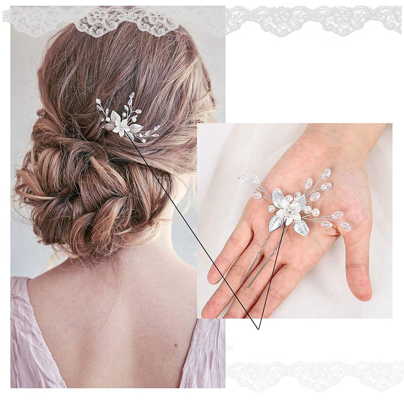 3 PCS Bride Wedding Hair Pins Clips Silver Crystal Leaf Flower Pearls Headpieces Bridal Hair Jewelry Accessories for Women, Girl, Lady, Party Wedding Prom - NewNest Australia