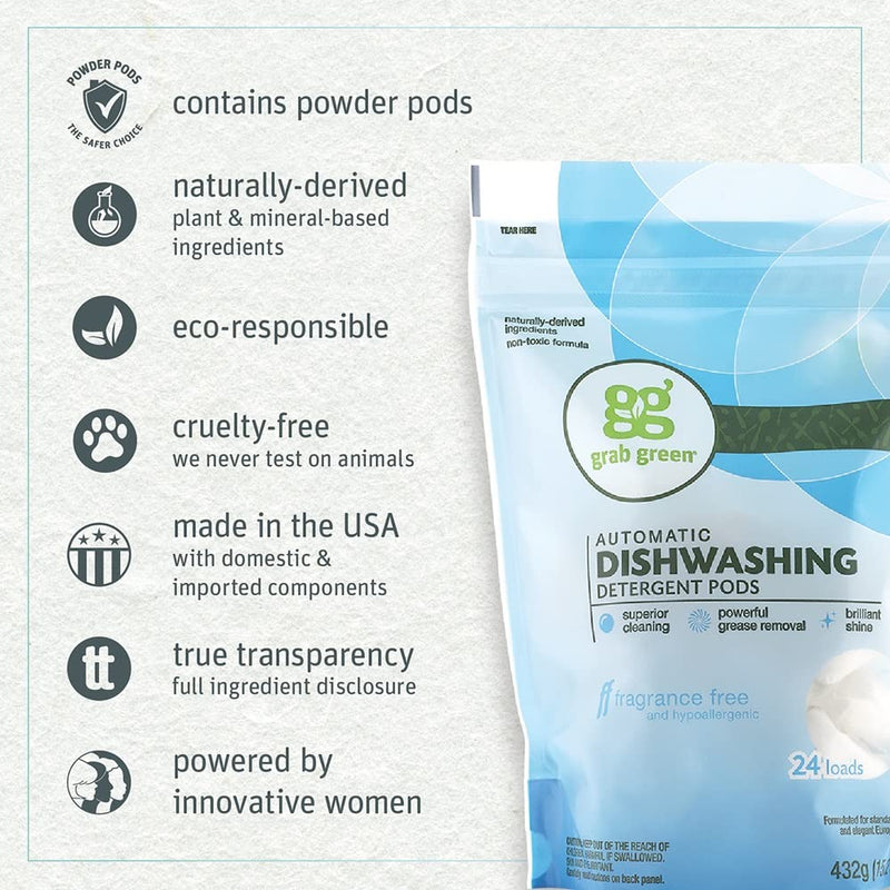 Grab Green Automatic Dishwashing Detergent Pods, 24 Count, Fragrance Free, Plant and Mineral Based, Superior Cleaning, Powerful Grease Removal, Brilliant Shine 24 Count (Pack of 1) - NewNest Australia