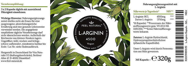 L-Arginine 365 Vegan Capsules With 4500 Mg Vegetable L-Arginine Hcl From Fermentation (Of Which 3750 Mg Pure L-Arginine) Per Daily Dose, No Additives, High Dose, Vegan, Made In Germany - NewNest Australia