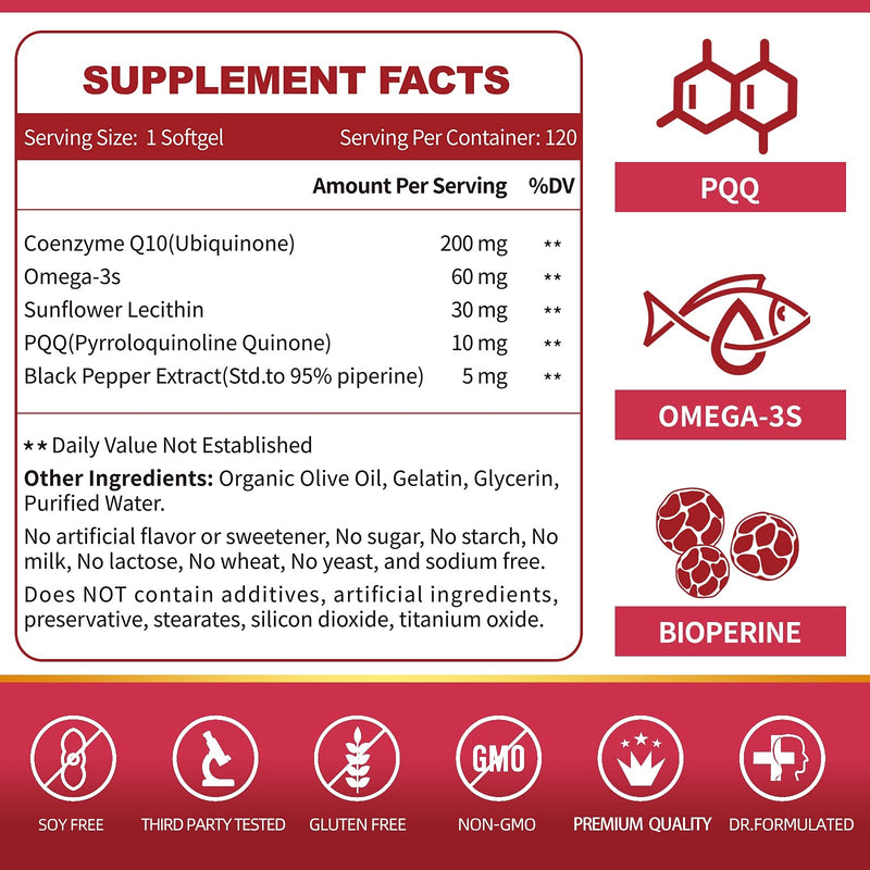 CoQ10-200mg-Softgels with PQQ, BioPerine & Omega-3, 120 Servings Coenzyme Q10(Ubiquinone) Supplement for High-Absorption, Powerful-Antioxidant, Support Heart-Health & Energy-Production - NewNest Australia