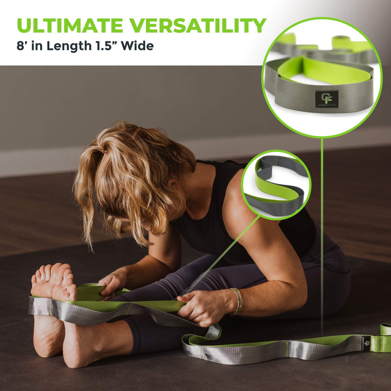 Gradient Fitness Stretching Strap, Premium Quality Multi-Loop Strap, Neoprene Padded Handles, 12 Loops, 1.5" W x 8' L Green/Grey - NewNest Australia