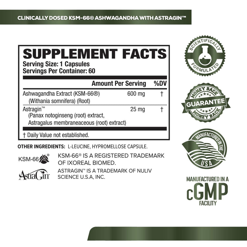 Ashwagandha Root Extract (KSM-66 Ashwagandha) w/ 5% Withanolides - Supplement for Natural Stress Relief, Cognitive Function, Vitality, and Mood Support - 60 Veggie Capsules - NewNest Australia
