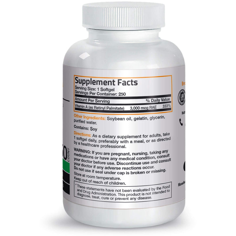 Bronson Vitamin A 10,000 IU Premium Non-GMO Formula Supports Healthy Vision & Immune System and Healthy Growth & Reproduction, 250 Softgels - NewNest Australia