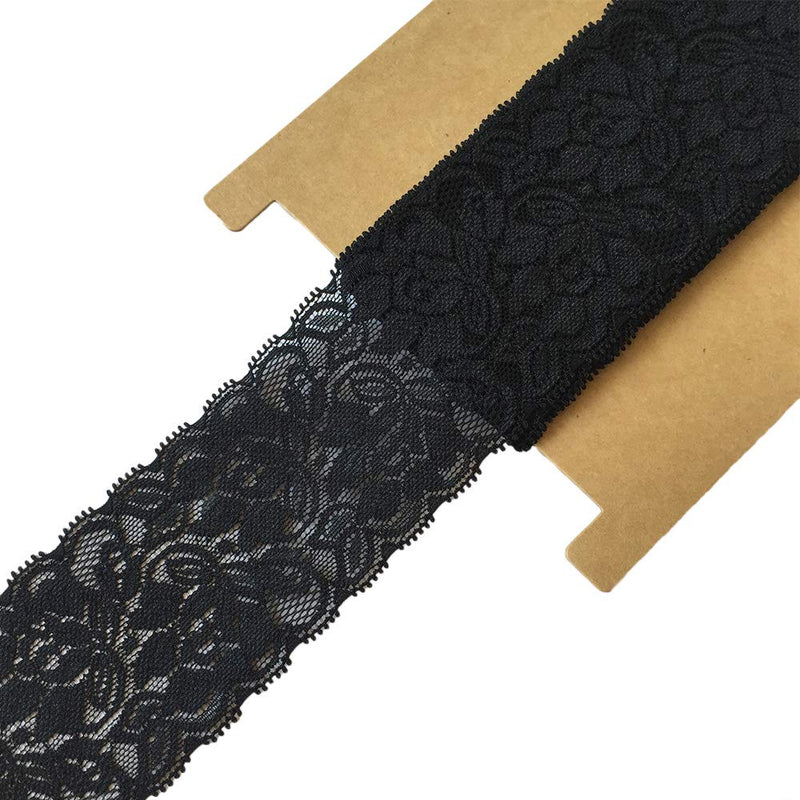 Lace Realm 2.25 Inches Wide Black Stretch Lace Ribbon with Floral Pattern Trim Lace for Headbands Garters Decorating Floral Designing & Crafts-5 Yards (7380 Black) 7380 black - NewNest Australia