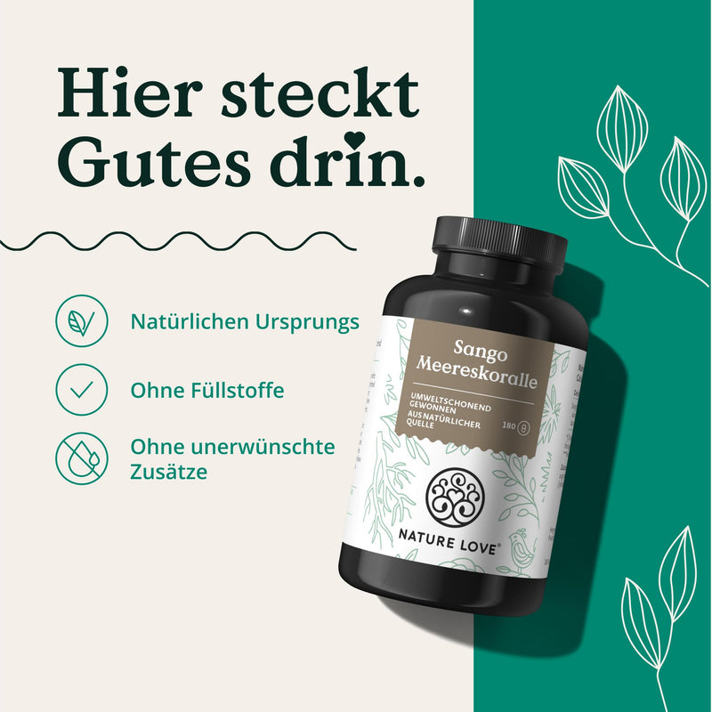 NATURE LOVE® Sango Sea Coral - 180 capsules - Natural source of calcium (20%) and magnesium (10%) in the body's own ratio of 2:1 - laboratory tested and produced in Germany. - NewNest Australia
