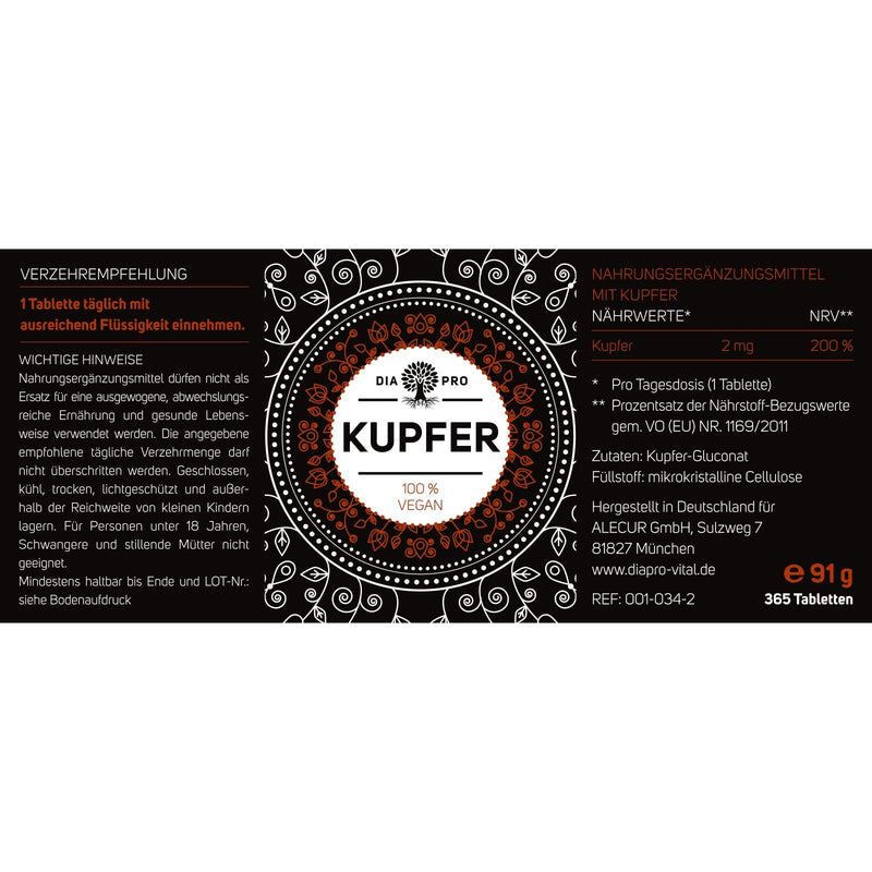 DiaPro® Copper 365 High-dose copper tablets with 2 mg copper per tablet made from copper gluconate 365 pieces Annual supply 100% Vegan Laboratory tested - NewNest Australia