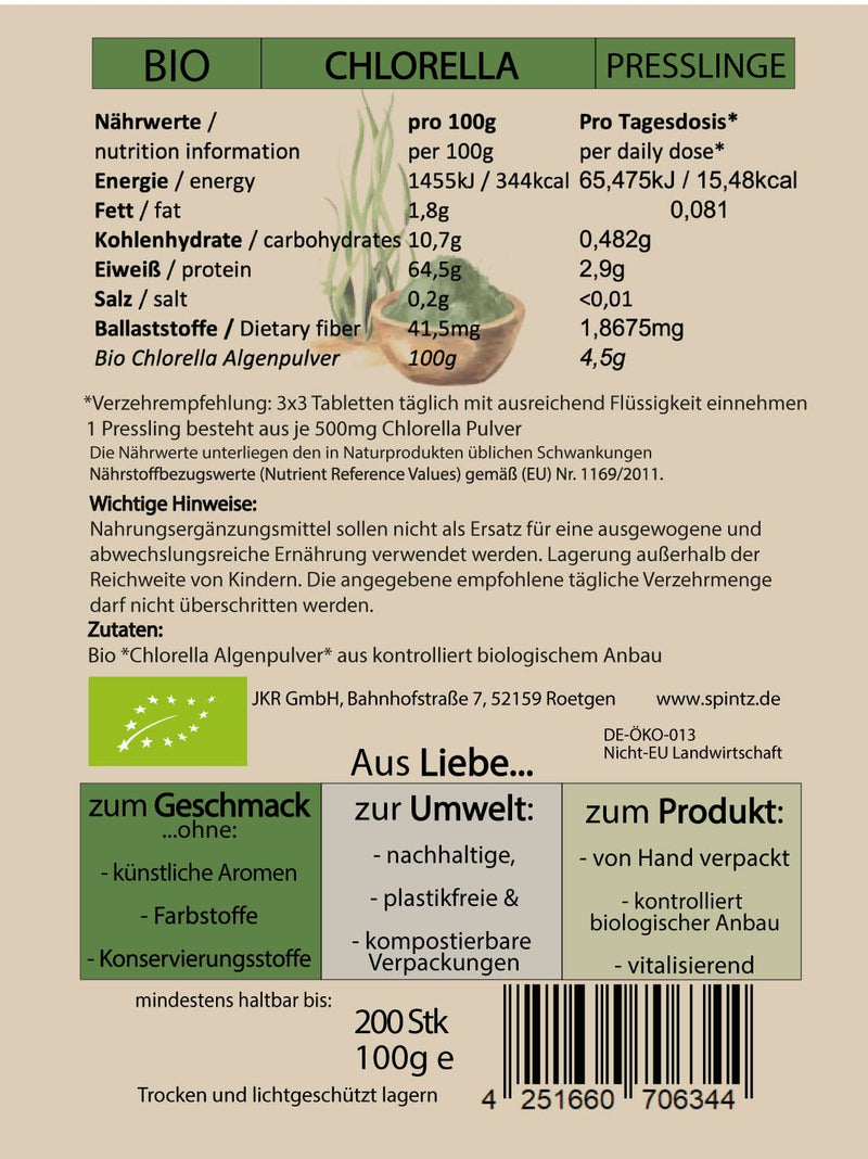 SPINTZ® 200 pieces Chlorella organic pellets 100% controlled organic cultivation Vegan tablets 500mg/tab | Plastic-free and sustainably packaged 200 pieces (pack of 1) - NewNest Australia
