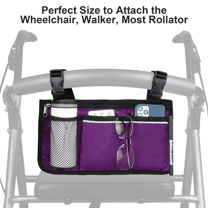 Wheelchair Side Organizer Storage Bag Armrest Pouch with Cup Holder and Reflective Strip, for Most Wheelchairs, Walkers or Rollators (Purple) Purple - NewNest Australia